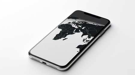 Smartphone with world map on white background. 3D rendering.の素材