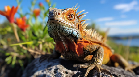 Iguana sitting on the rock with flowers on the background.の素材