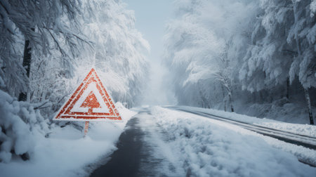 Winter road with a warning sign. Winter road in snowy forest.の素材