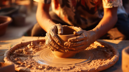 hands of a potter, creating an earthen jar on the circleの素材