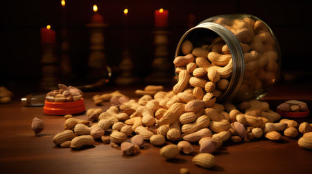 Peanuts in a glass jar on a wooden background. Selective focus.の素材