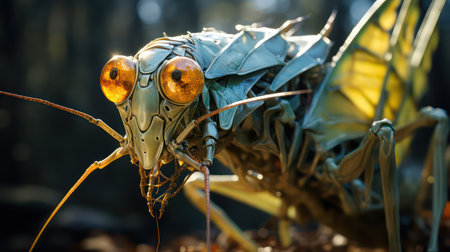 Close up of a grasshopper in the forest. Macro shot.の素材