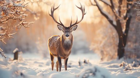 Beautiful red deer in the winter forest. Wildlife scene from nature.の素材