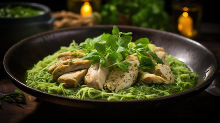 Green noodles with chicken and pesto sauce on a wooden table.の素材