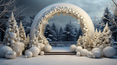 Beautiful Christmas arch in the forest. Winter landscape. 3d renderingの素材