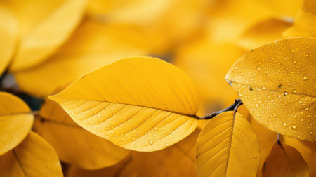 Close up of yellow leaves with water droplets on them in autumn.の素材