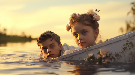 Cute little boy and girl in a boat in the water at sunsetの素材