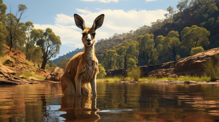 Australian kangaroo in the water of a river in Australia.の素材
