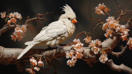 White Cockatiel on a tree branch with flowers in the backgroundの素材