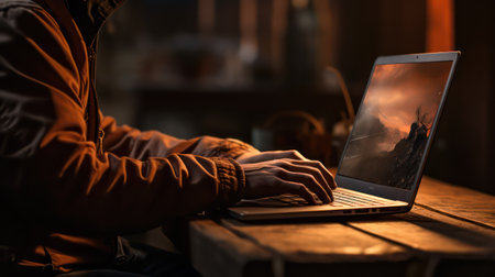 Hacker using a laptop in a dark room. Cybercrime concept.の素材
