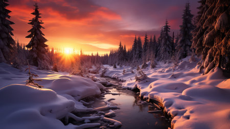 Fantastic winter landscape with snow covered trees and river at sunsetの素材