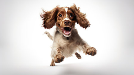 Cute welsh springer spaniel jumping over white background.の素材