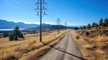 High-voltage lines on the road in the mountains of Californiaの素材
