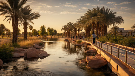 Palm trees along the river at sunset. Beautiful natural background.の素材