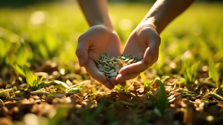 Close-up of child's hands holding sunflower seeds in the grassの素材