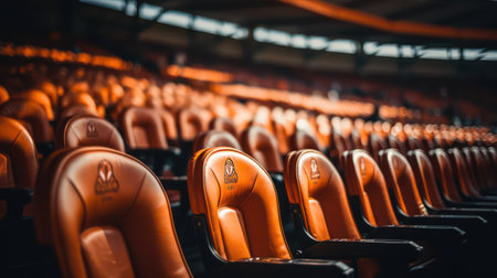 Rows of orange seats in a sports arena, close-upの素材