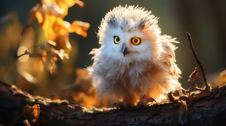 Little owl sitting on a branch in the autumn forest and looking at the cameraの素材