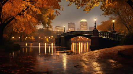 Autumn in the city park. Bridge over the river at nightの素材