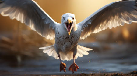Seagull flying in the sunset light. Scientific name: Larus dominicanus.の素材