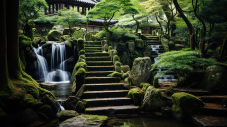 Waterfall in japanese garden with stone stairs and green mossの素材