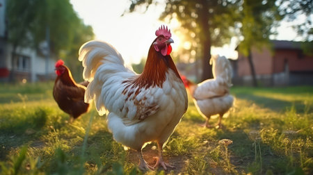 Beautiful rooster and chickens on the farm in sunset light.の素材
