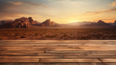 Wooden floor against scenic view of mountains in the desert at sunsetの素材