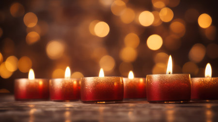 Burning candles on wooden table with bokeh lights background.の素材