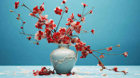 Bouquet of cherry blossom in vase on blue backgroundの素材