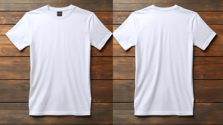 White t-shirt on wooden background, front and back view.の素材