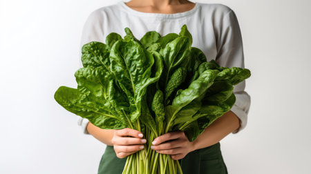 Young woman holding a bunch of fresh spinach on a white background.の素材