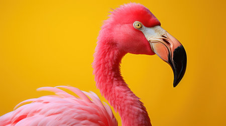 Pink flamingo on a yellow background. Close-up photo.の素材