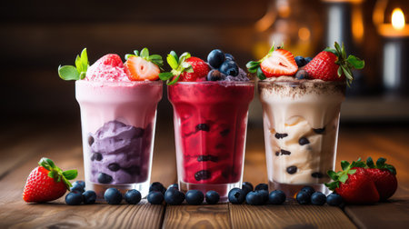 Dessert with blueberries and strawberries in glasses on a wooden backgroundの素材