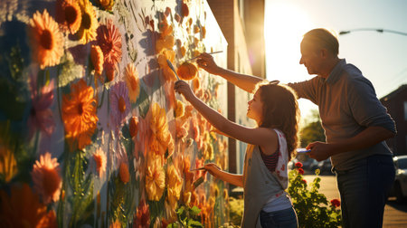 Father and daughter painting on the wall in the garden at sunset.の素材