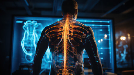 science anatomy scan of human body with glowing bones. 3d renderingの素材