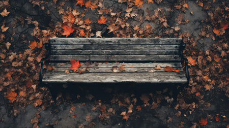Wooden bench in the autumn park with fallen leaves. Top view.の素材