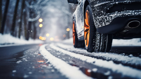 Car on the road in winter with snowflakes. Blurred backgroundの素材