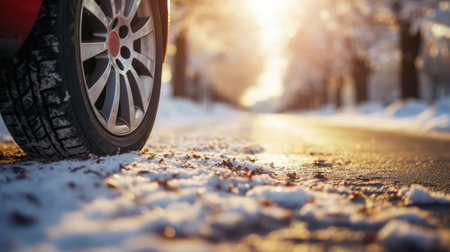 Car wheel on the road covered with snow at sunny winter day.の素材