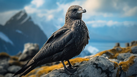 Black eagle sitting on a rock with mountains in the background. 3d renderingの素材