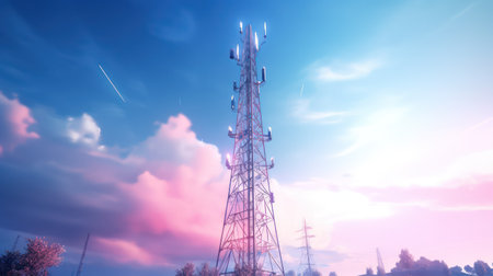 Telecommunication tower with blue sky and white clouds. 3d renderingの素材