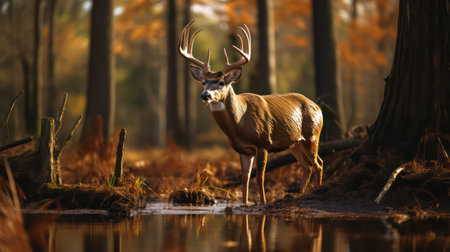 Whitetail Deer Buck at Fall in a Forest Pond.  Taken in Pennsylvania.の素材