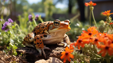 Frog sitting on a rock surrounded by flowers in the garden.の素材