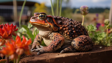 Toad sitting on a rock with red flowers in the background.の素材
