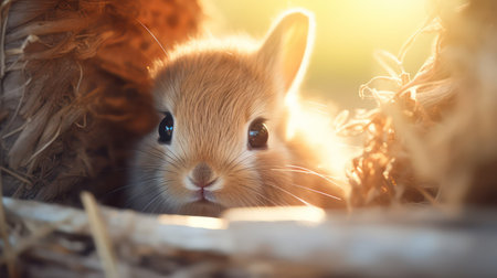 Rabbit in the nest. Easter bunny. Cute little bunnyの素材
