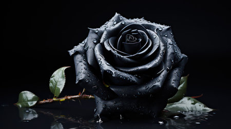 Black rose with water drops on a black background. Studio shot.の素材