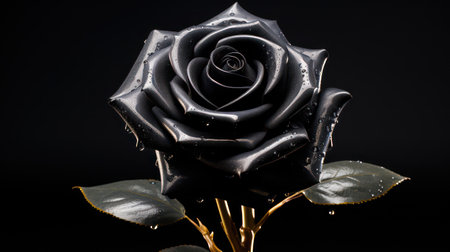 Black rose on black background with water droplets. Studio shot.の素材