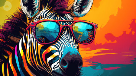 Zebra with sunglasses on the background of the sunset. Vector illustrationの素材
