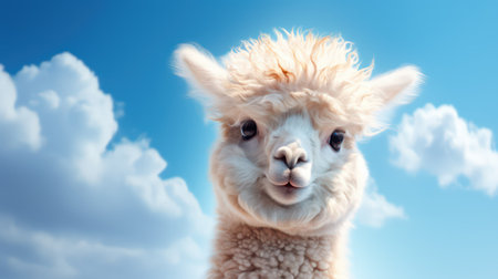 Portrait of cute alpaca on blue sky background with cloudsの素材