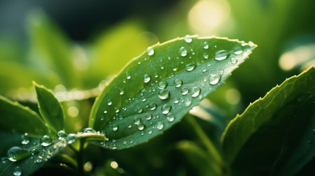 Green leaves with drops of dew in the morning. Nature backgroundの素材