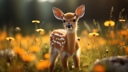 Fawn fawn in a field of dandelions in the eveningの素材