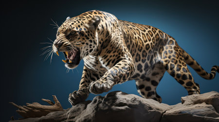 Leopard on a rock with open mouth and sharp teeth. 3d renderingの素材